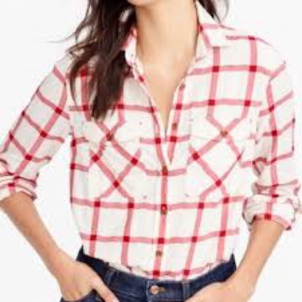 J. Crew Cream and Red Plaid Button-Up Shirt